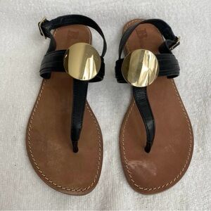 Browns Womens Black Gold T Strap Adjustable Ankle Flat Sandals Size 7 Minimalist